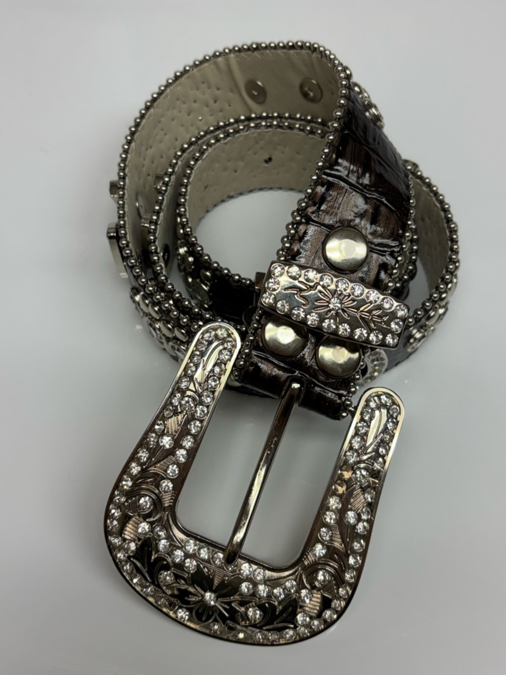Rhinestone Studded Western Belt Brown Leather Croc Statement Buckle Boho Size S
